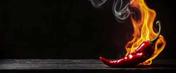 Wall Mural - Burning hot red chili pepper on a black rustic wooden background