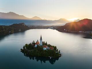 Drone shot flying. Slovenia. Lake Bled. Sunrise.