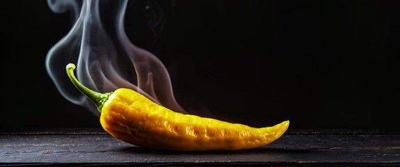 Wall Mural - Smoking hot yellow chili pepper on a black rustic wooden background