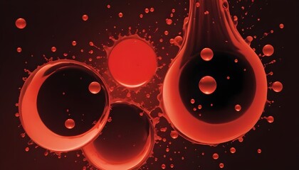 Abstract composition of red liquid splashes, drops, and spheres colliding against a dark background, creating a dynamic and artistic scene.