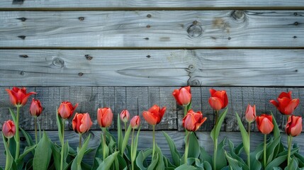 Poster - Tulips bloom in spring on a wooden backdrop