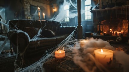 Sticker - Haunted living room with cobwebs and candles. Dark and eerie atmosphere. Concept of Halloween, haunted house, spooky decoration, ghost stories --ar 16:9 Job ID: 53bbf1d3-89b4-4b6f-96f2-4fe1527e958c