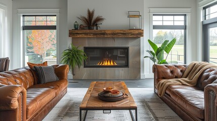 Wall Mural - Simple living room in a modern farmhouse with little decoration Brown leather sofa and armchairs with a gas fireplace with a raw edged wooden mantel.