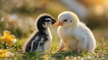 Canvas Print - A black and white penguin chick standing next to a white chick.