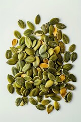 Wall Mural - A pile of pumpkin seeds on a white surface, useful for food photography and decoration