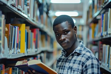 Puzzled teen African student selecting books in library. Concept of education, curiosity, and knowledge