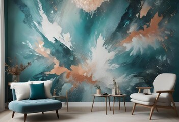 A modern living room interior with two chairs and a side table, featuring a large wall mural of abstract, swirling shapes in shades of turquoise, white, and copper.