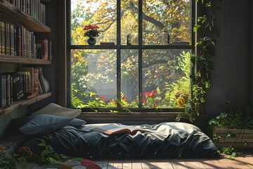 A cozy reading nook with a bed by a large window overlooking a lush green garden. Sunlight streams in, illuminating the room.