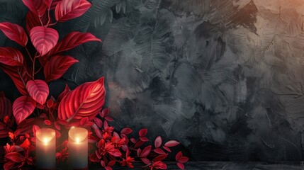 Wall Mural - Red leaf and flower decoration with night light against blank wall