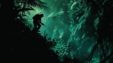 A lone soldier stands on a hilltop, silhouetted against a dense, green jungle.  The air is thick with anticipation, as he looks out at the unknown.