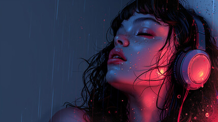 Beautiful girl listening to lofi hip hop music with headphones, manga, anime, comic cartoon drawing illustration, video background, wallpaper, backdrop, 16:9