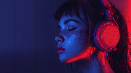 Beautiful girl listening to lofi hip hop music with headphones, manga, anime, comic cartoon drawing illustration, video background, wallpaper, backdrop, 16:9