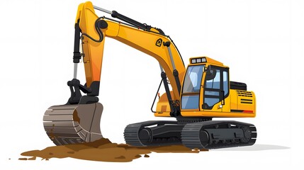 Wall Mural - Yellow Excavator at Construction Site on white background.