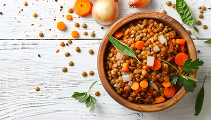 Wall Mural - Lentil with carrot and onion in wooden bowl. Healthy lifestyle. Diet menu. Flat lay. Top view