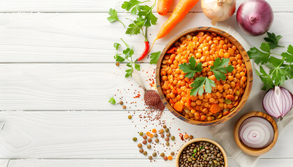 Poster - Lentil with carrot and onion in wooden bowl. Healthy lifestyle. Diet menu. Flat lay. Top view