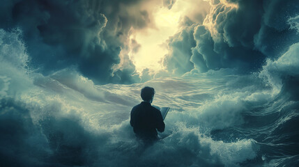 Christian bible concept of man reading studying Bible for comfort or guidance in difficult times. He is surrounded by turbulent waves and storms, a hopeful light streams in from between the clouds.