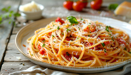 Poster - Spaghetti alla Amatriciana with guanciale, tomatoes and pecorino cheese. Italian healthy food.