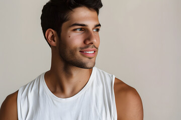 Sticker - Male model with natural skin texture, dressed in a white t-shirt