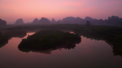 Poster - Amazing light sunrise over pond or lake with mountains