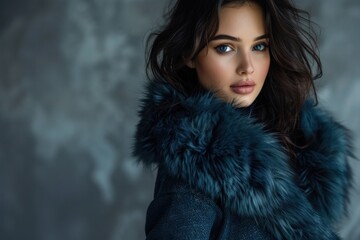 a stunning woman in a blue luxury fur coat, standing confidently with dramatic lighting accentuating