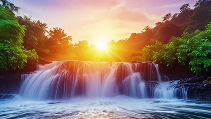 Wall Mural - waterfall with natural view with sunrise.Seamless 4k time lapse virtual video animation background
