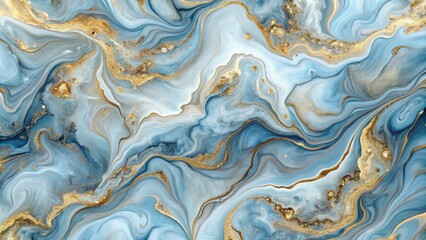 Soft pastel hues of blue and grey swirl across a luxurious marble stone texture, accented with splashes of warm golden metallic shimmer.