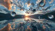 © flashmovie - 3D rendering of reflective spheres on a mirrored surface at sunset with dramatic clouds