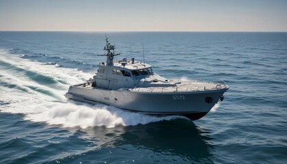 Wall Mural - A fast attack boat slicing through calm waters on a clear summer day, with a bright blue sky and sunlit waves
