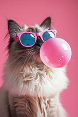 Wall Mural - a cat wearing pink sunglasses blowing a bubble, AI generated