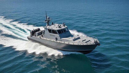 Wall Mural - A fast attack boat slicing through calm waters on a clear summer day, with a bright blue sky and sunlit waves
