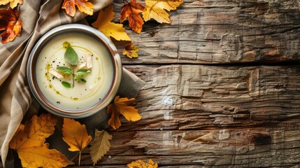 Canvas Print - Concept of fall food with cream soup bowl on rustic backdrop with space for text