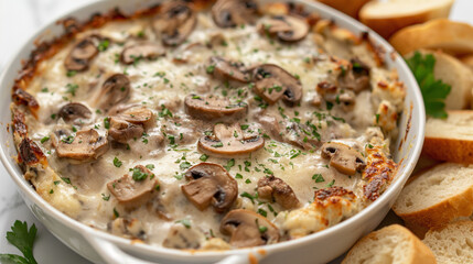 Close-up to a tasty freshly cooked stuffed mushroom dip with greens in a bowl with bread around