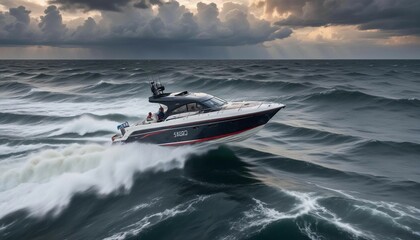 Wall Mural - A high-speed boat maneuvering through choppy waters at dawn, with the first light of day breaking through storm clouds
