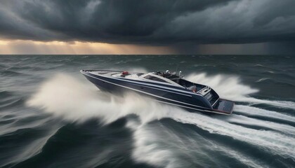 Wall Mural - A high-speed boat maneuvering through choppy waters at dawn, with the first light of day breaking through storm clouds
