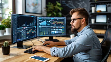 Photo of it specialist guy sitting comfy office chair holding hands on keyboard looking many monitors testing website debugging developer expert