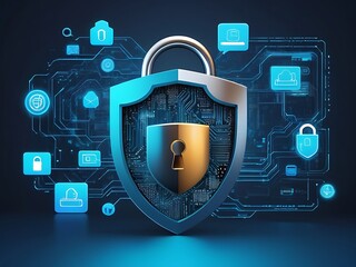 Wall Mural - Padlock shield digital background with blue glowing circuitry. Ideal for cybersecurity concepts, technology themes, and digital protection designs.