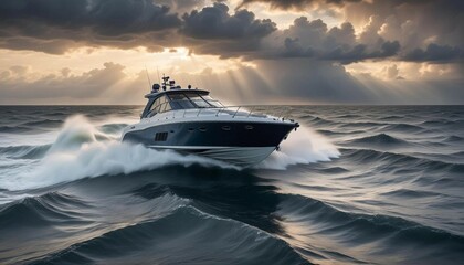 Wall Mural - A high-speed boat maneuvering through choppy waters at dawn, with the first light of day breaking through storm clouds
