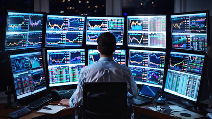 Photo of it specialist guy sitting comfy office chair holding hands on keyboard looking many monitors testing website debugging developer expert