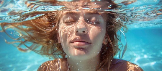 Poster - Submerged Beauty: A Woman's Face Under Water