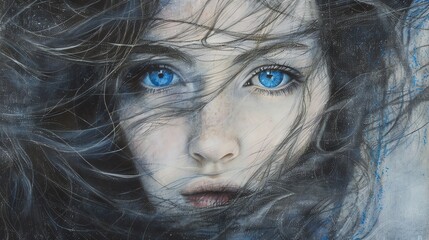 Poster - A painting of a woman's face with intense blue eyes.