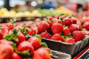 Wall Mural - Store Shelf Full of Fresh Strawberries with Juicy Highlight