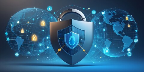 Wall Mural - Padlock shield digital background with blue glowing circuitry. Ideal for cybersecurity concepts, technology themes, and digital protection designs.