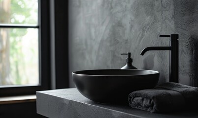 Abstract Modern Elegant Bathroom: Minimalist Deep Gray and Black Interior Design for Luxury Hotel or Residential Apartment. Sophisticated Decor with Pillows, Sink, and Faucet. 4K High-Resolution Wallp