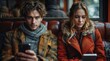 © Dalidudko - a man and a woman sitting on a train, both engrossed in their smartphones.