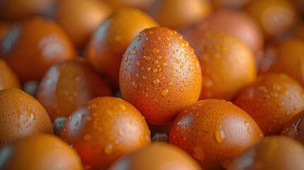 Wall Mural - A lone egg, glistening with dew, stands out amongst a cluster of brown eggs