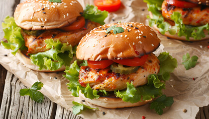 Poster - Juicy spicy chicken burgers to Asian-style - sandwich. Top view