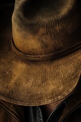 Wall Mural - A close-up shot of a man wearing a hat and leather jacket, perfect for use in action or adventure scenes