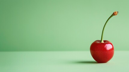 Wall Mural - a single red cherry with a green stem on a green background.