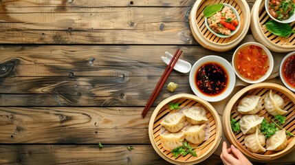 Wall Mural - Chinese traditional cuisine concept with dumplings and sauces served in bamboo steamer Background of Asian food with copy space