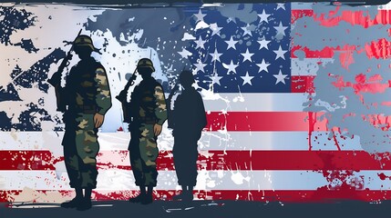 Silhouettes of Soldiers in Front of a Distressed American Flag